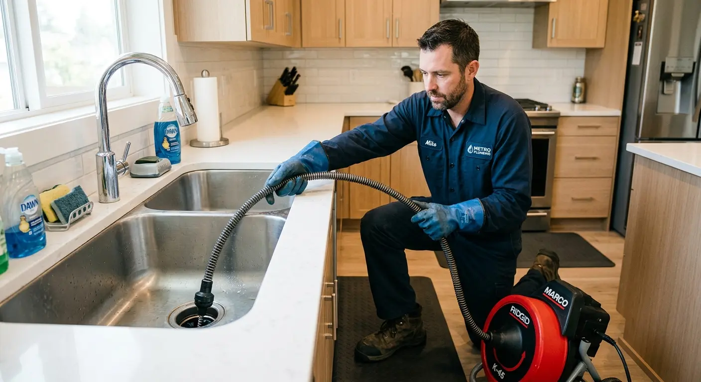 Drain cleaning technician using a motorized snake on a kitchen sink in Peach Bottom