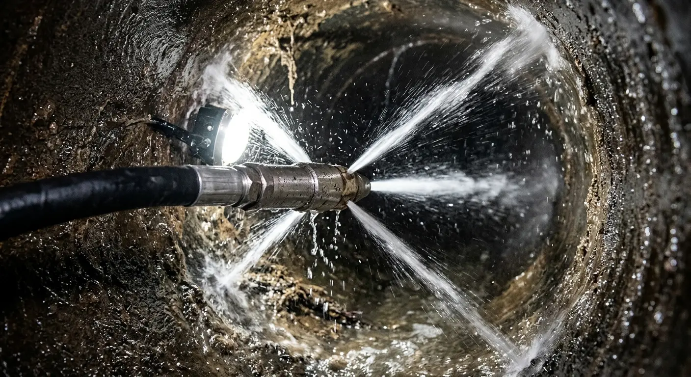 High-pressure hydro jetting nozzle cleaning sewer pipe for Trenchless Sewer Repair in Peach Bottom